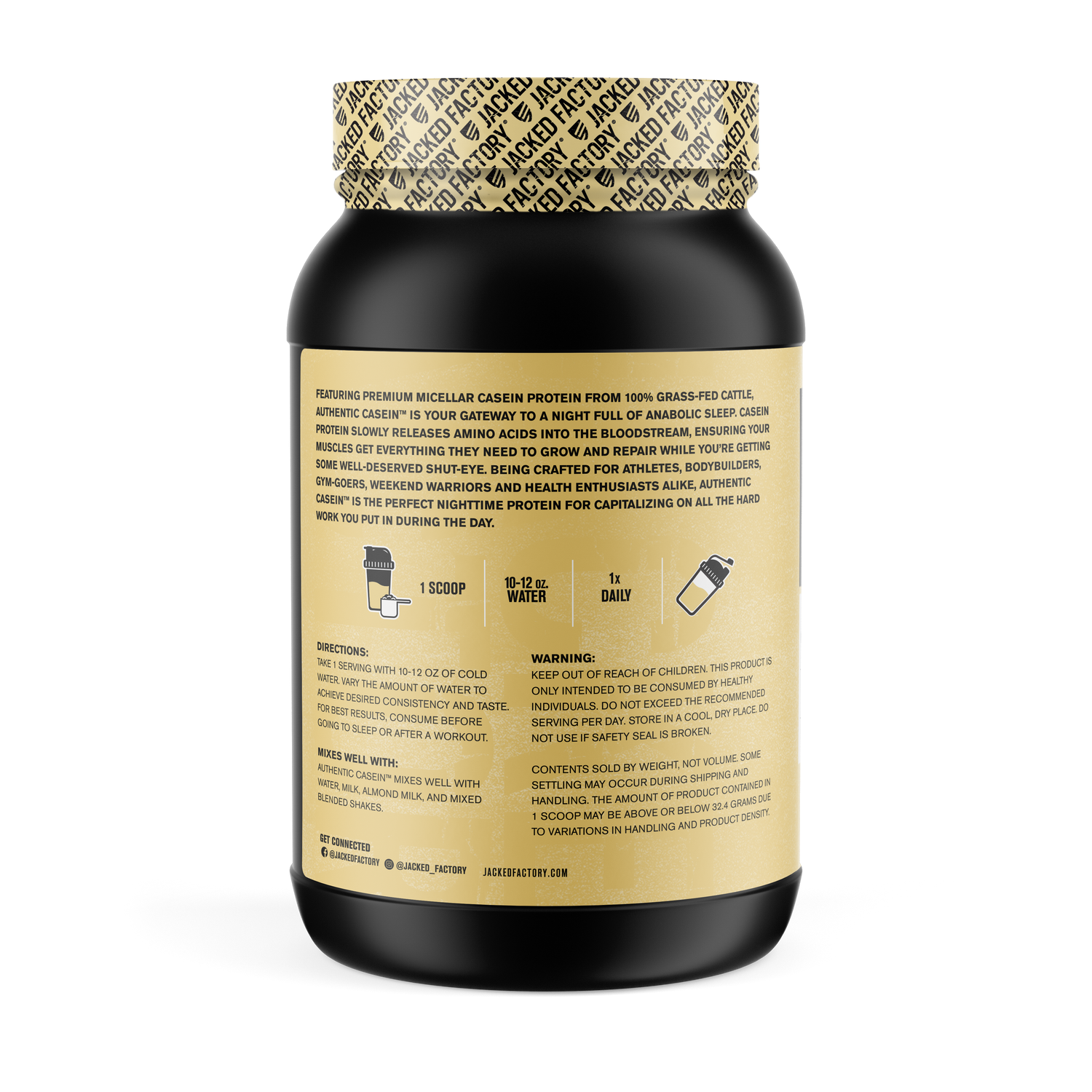Side of Jacked Factory's vanilla Authentic Casein 30 servings powder is a black bottle with cream colored label showing product description