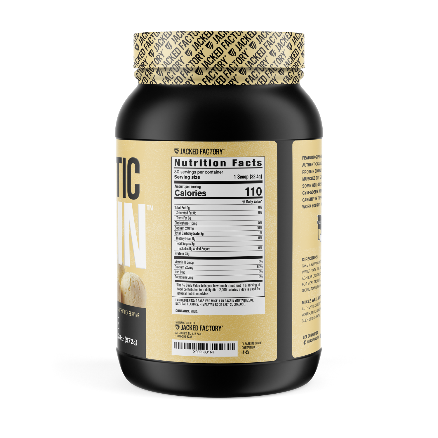 Side of Jacked Factory's vanilla Authentic Casein 30 servings powder is a black bottle with cream colored label showing nutritional information