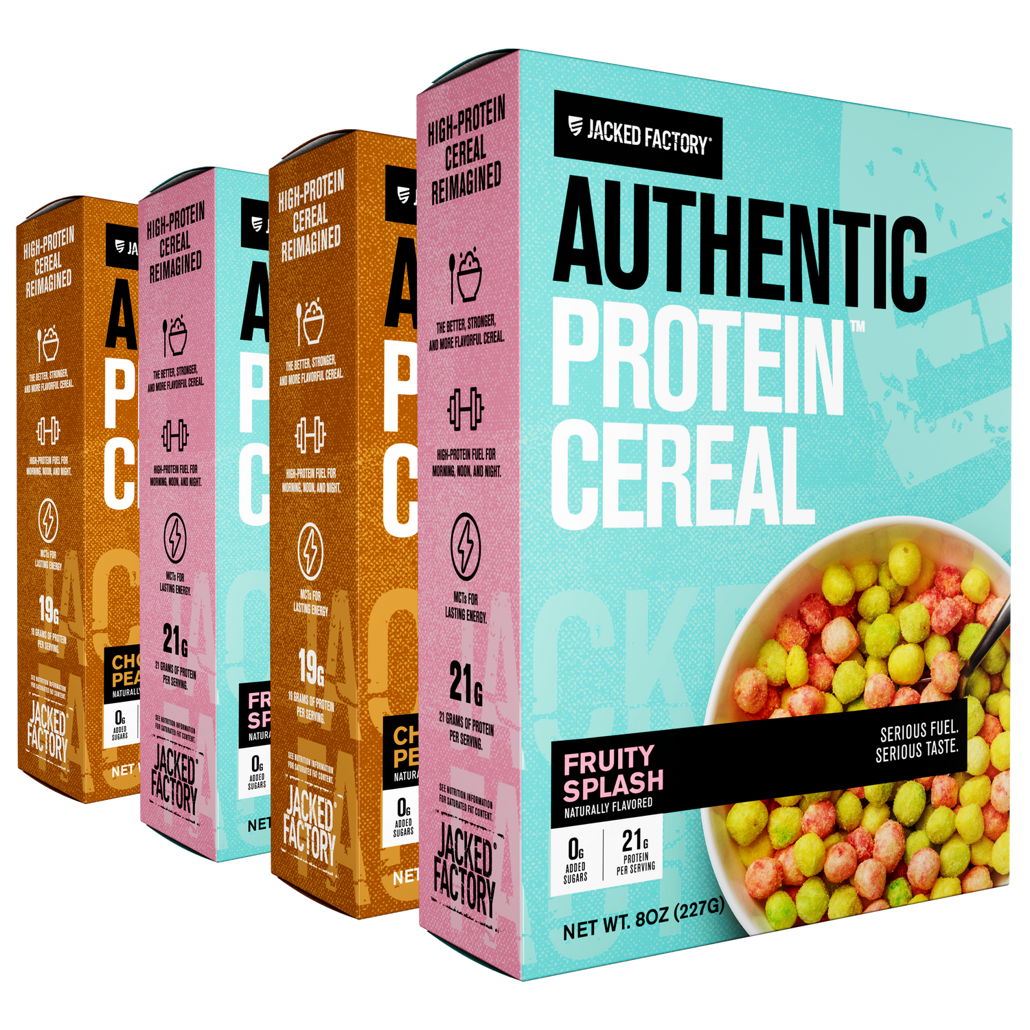 Two Boxes of Jacked Factory Authentic Protein Cereal Chocolate Peanut Butter. Brown cereal boxes with light brown accents black and white text. Two Boxes of Jacked Factory Authentic Protein Cereal Fruity Splash. Blue cereal boxes with pink accents black and white text