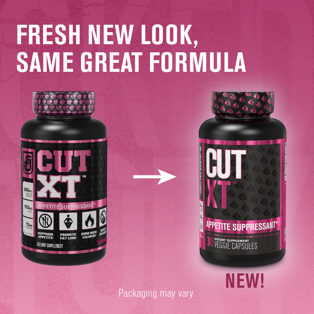 Comparing old CUT XT (30 veggie capsules) label to new Jacked Factory CUT XT (30 veggie capsules) label with the text "FRESH NEW LOOK, SAME GREAT FORMULA". Underneath reads "Packaging may vary."