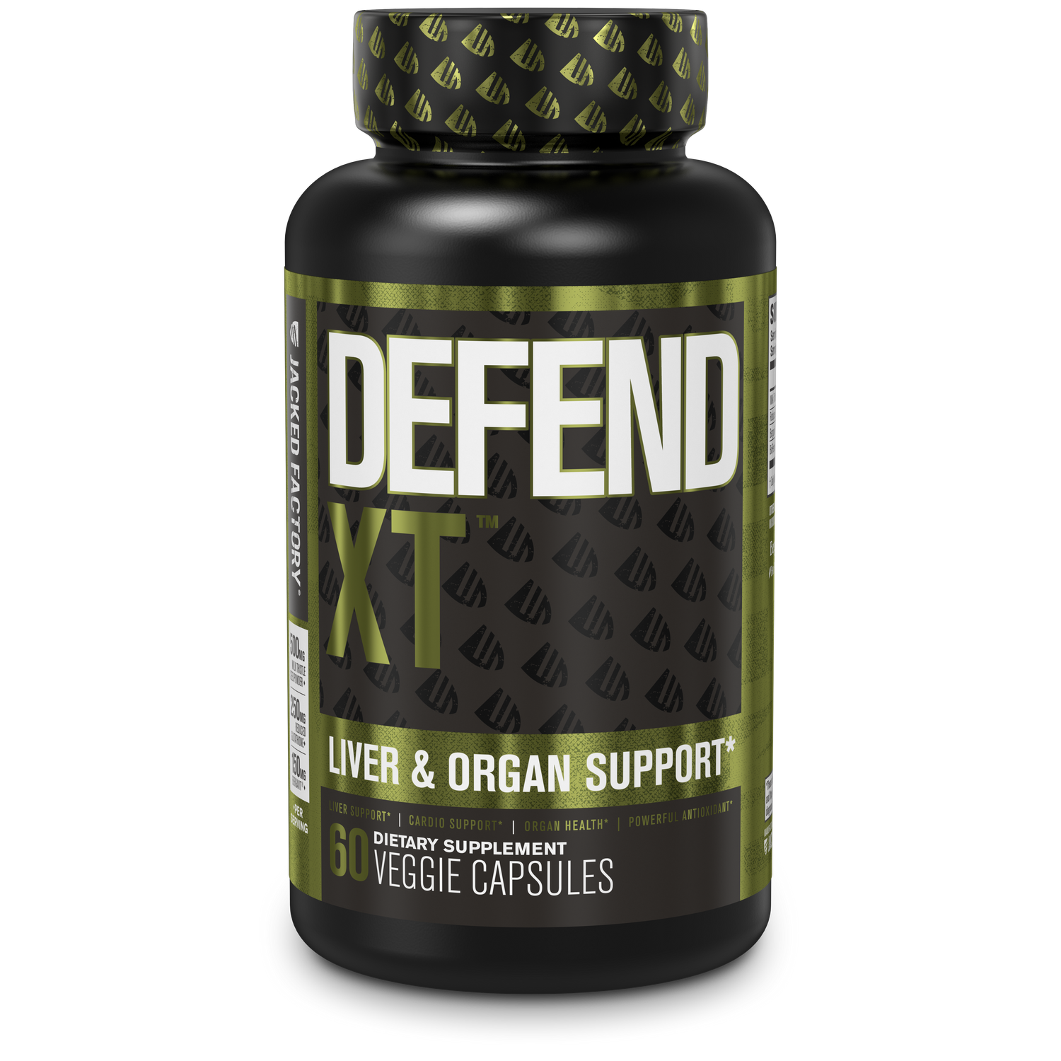 Jacked Factory's Defend-XT (60 veggie capsules) in a black bottle with dark army green label