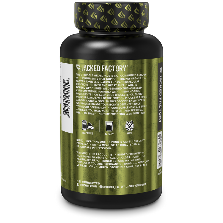 Side of Jacked Factory's Defend-XT (60 veggie capsules) in a black bottle with dark army green label showing product description
