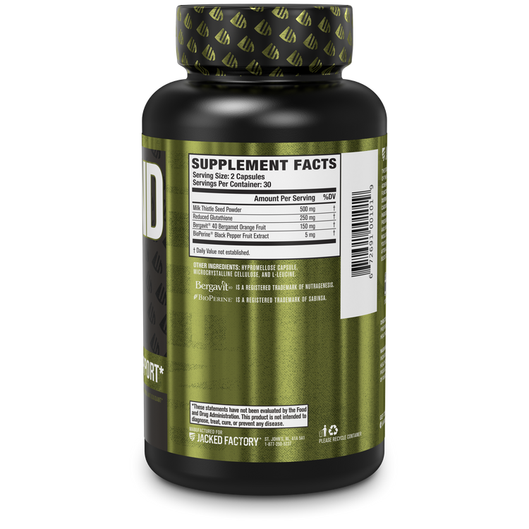 Side of Jacked Factory's Defend-XT (60 veggie capsules) in a black bottle with dark military green label showing nutritional information