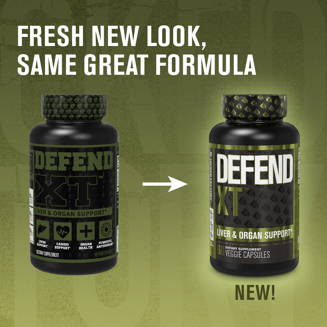 Comparing old DEFEND XT (60 veggie capsules) label to new Jacked Factory DEFEND XT (60 veggie capsules) label with the text "FRESH NEW LOOK, SAME GREAT FORMULA". Underneath reads "Packaging may vary."
