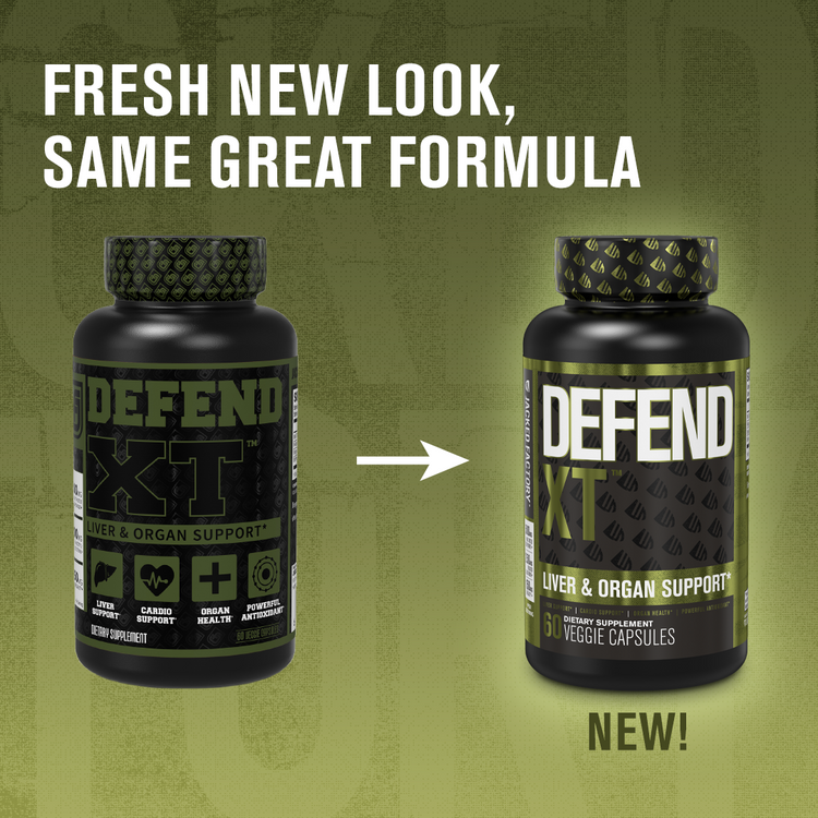Comparing old DEFEND XT (60 veggie capsules) label to new Jacked Factory DEFEND XT (60 veggie capsules) label with the text "FRESH NEW LOOK, SAME GREAT FORMULA". Underneath reads "Packaging may vary."