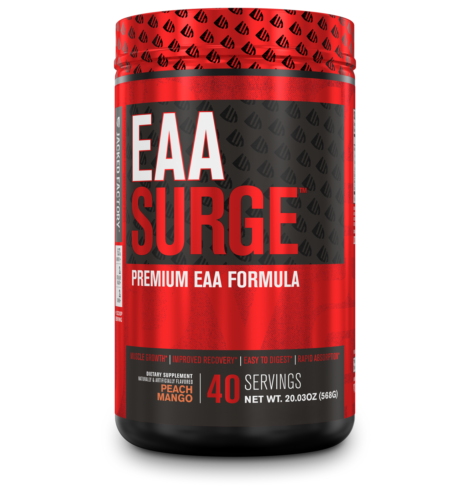 Jacked Factory's Peach Mango EAA Surge (40 servings) in a black bottle with red label