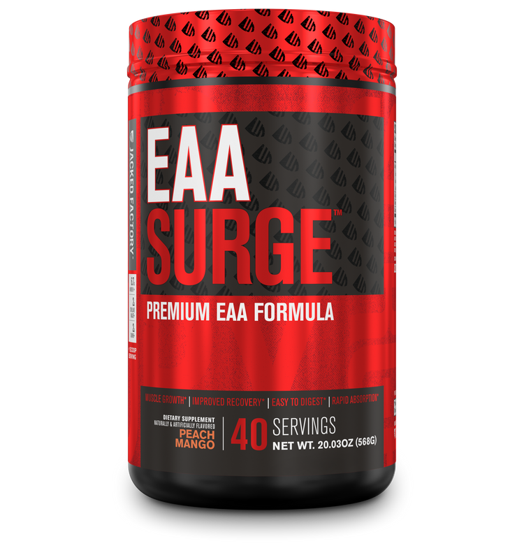 Jacked Factory's Peach Mango EAA Surge (40 servings) in a black bottle with red label