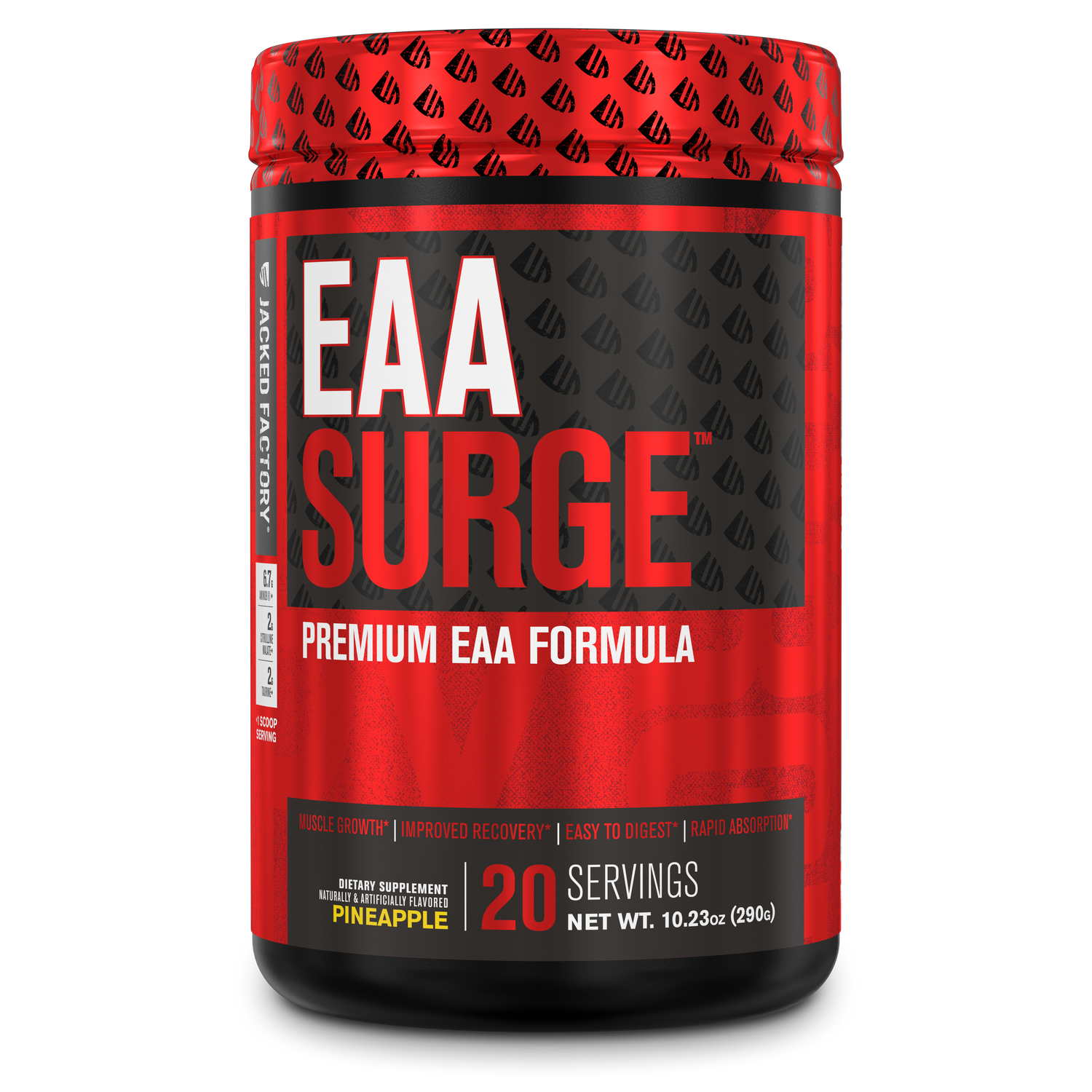 Jacked Factory's Pineapple EAA Surge (20 servings) in a black bottle with red label