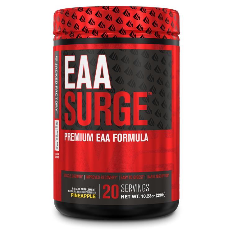 Jacked Factory's Pineapple EAA Surge (20 servings) in a black bottle with red label