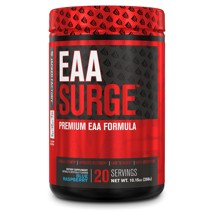 Jacked Factory's Blue Raspberry EAA Surge (20 servings) in a black bottle with red label