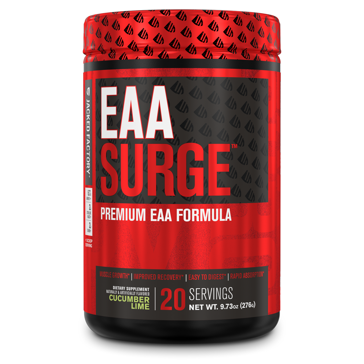 Jacked Factory's Cucumber Lime EAA Surge (20 servings) in a black bottle with red label