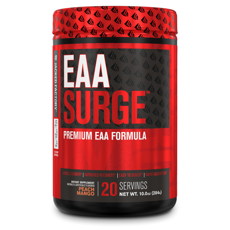 Jacked Factory's Peach Mango EAA Surge (20 servings) in a black bottle with red label