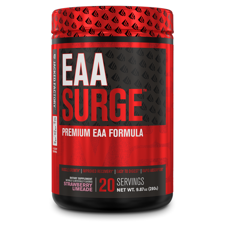 Jacked Factory's Strawberry Limeade EAA Surge (20 servings) in a black bottle with red label