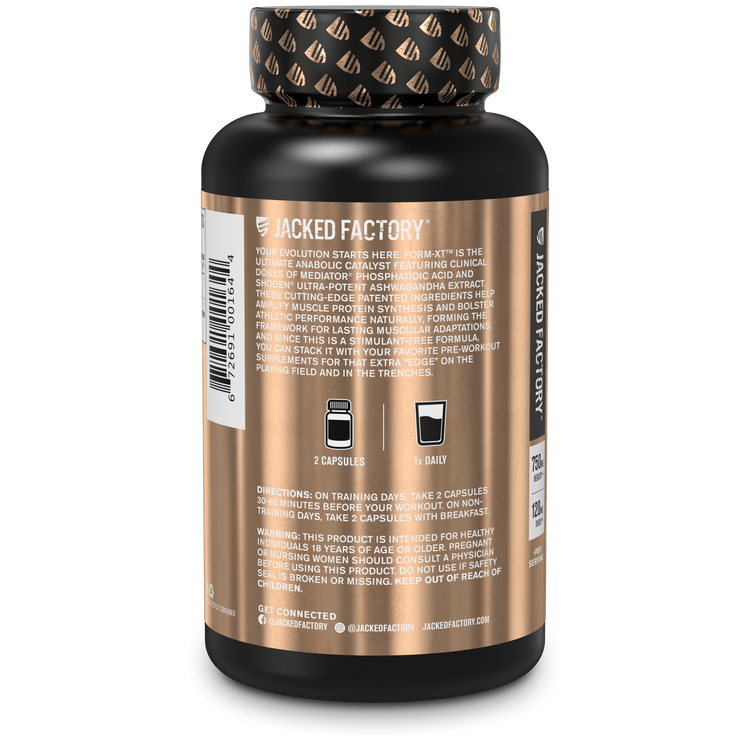 side of Jacked Factorys Form XT performance and muscle growth capsules with supplement directions and description.