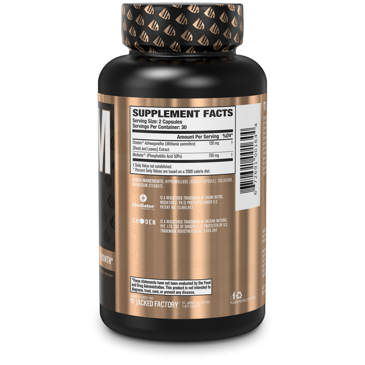 side of Jacked Factorys Form XT performance and muscle growth capsules with supplement facts panel.