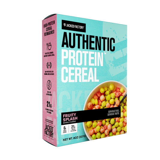 Blue cereal box with Authentic Protein Cereal - Fruity Splash written on it and a bowl of green and pink cereal puffs