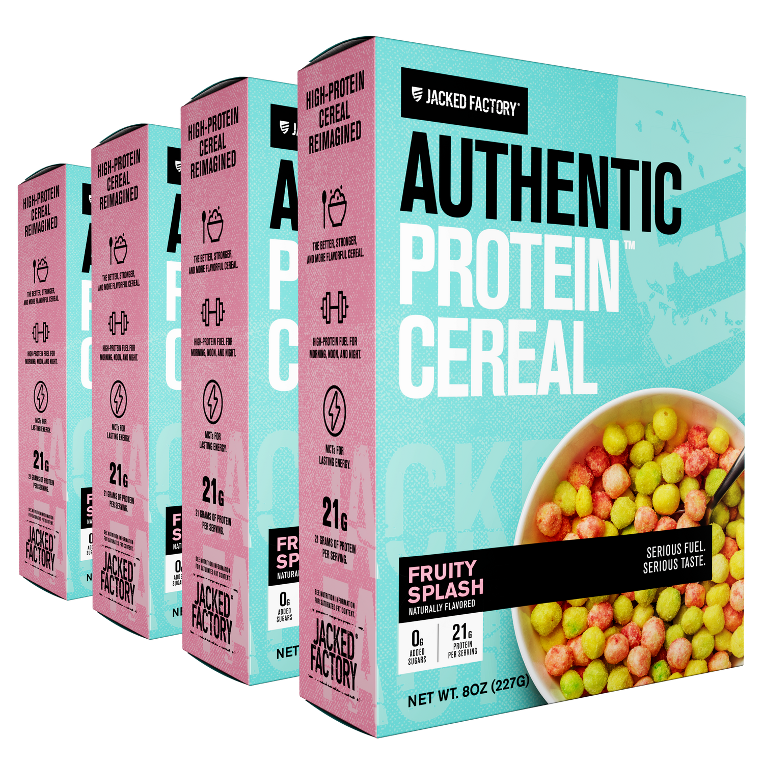 Four Boxes of Jacked Factory Authentic Protein Cereal Fruity Splash. Blue cereal boxes with pink accents black and white text
