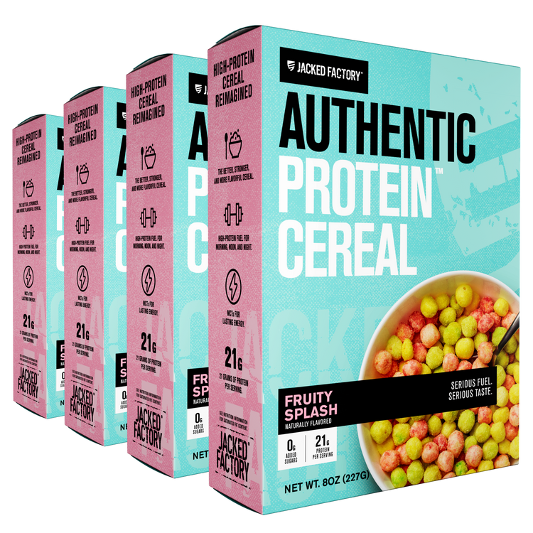 Four Boxes of Jacked Factory Authentic Protein Cereal Fruity Splash. Blue cereal boxes with pink accents black and white text