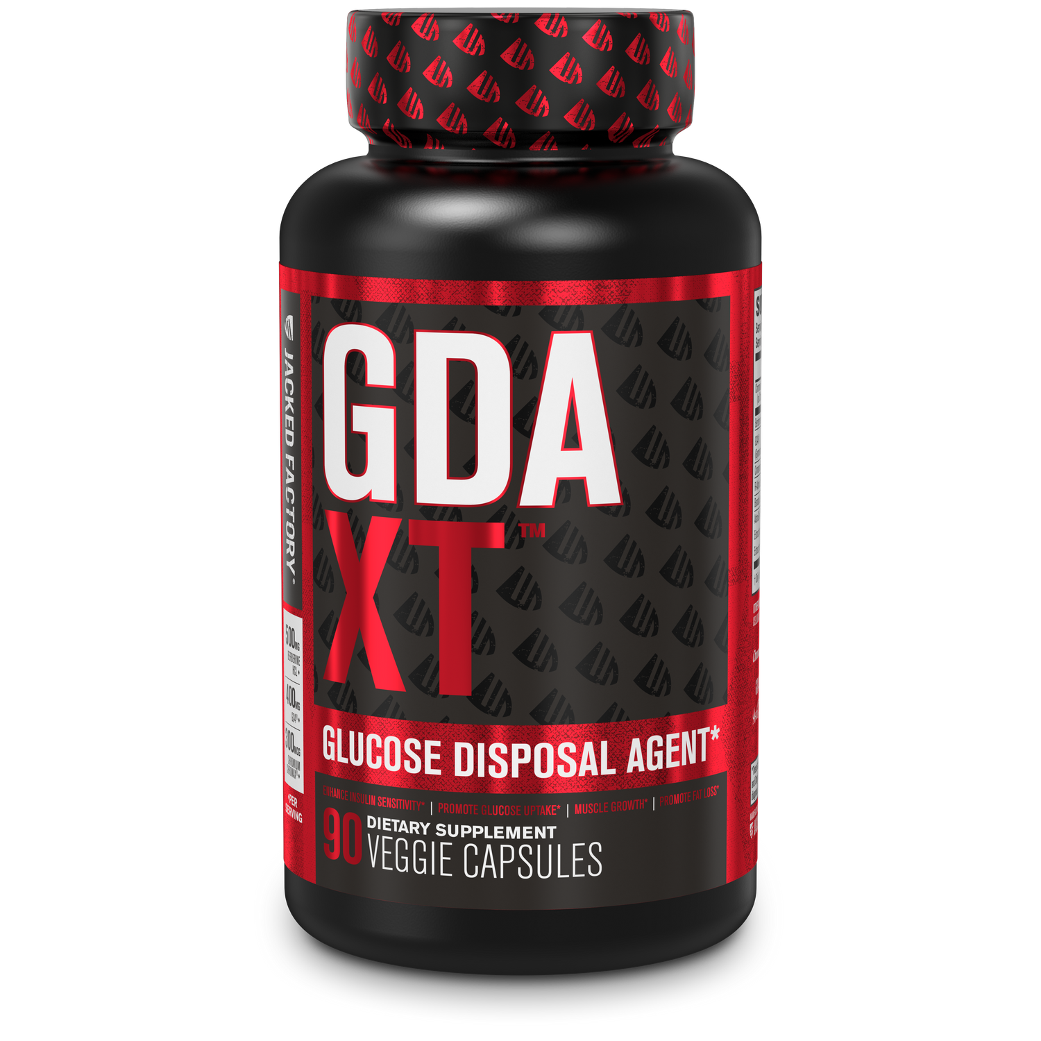 Front of GDA XT (90 capsule) bottle in a black bottle with red and white label