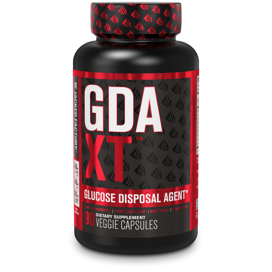 Front of GDA XT (90 capsule) bottle in a black bottle with red and white label