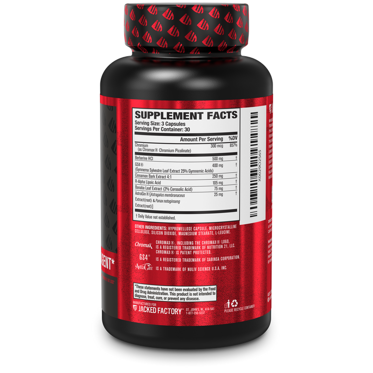 Side of Jacked Factory GDA-XT (90 capsule) bottle containing supplement facts panel
