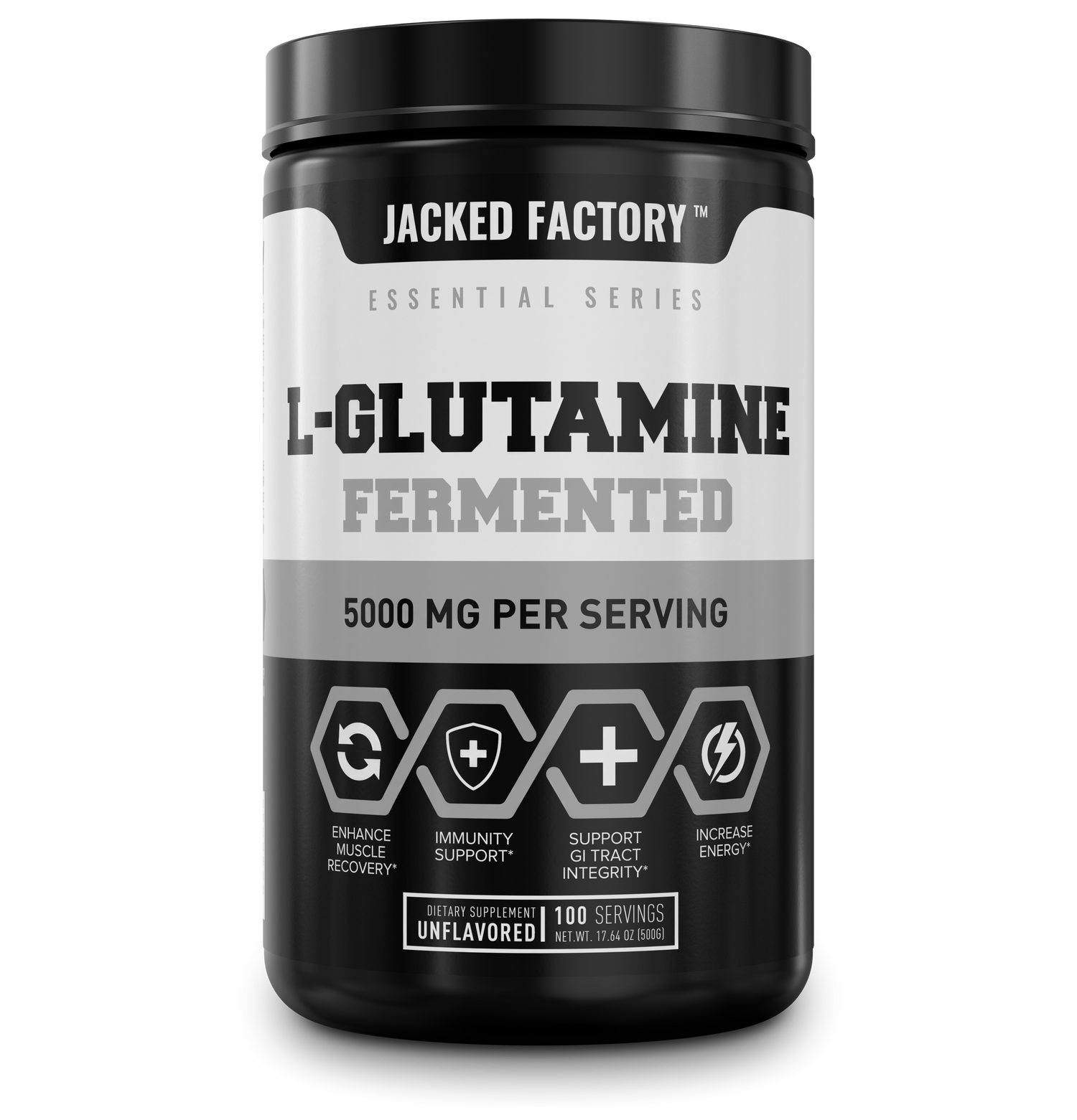 Jacked Factory's L-Glutamine Fermented (100 servings) in a black bottle with white and grey label
