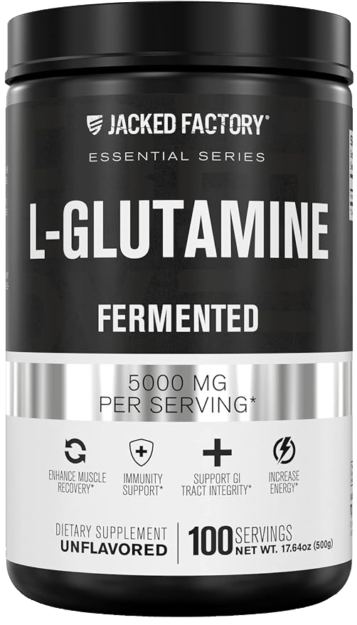 Jacked Factory's L-Glutamine Fermented (100 servings) in a black bottle with white and grey label