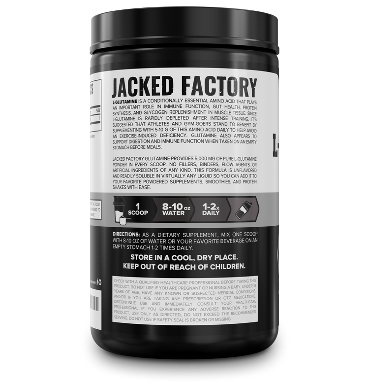 Side of Jacked Factory's L-Glutamine Fermented (100 servings) in a black bottle with white and grey label showing product description