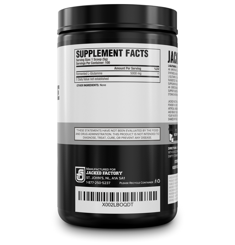Side of Jacked Factory's L-Glutamine Fermented (100 servings) in a black bottle with white and grey label showing nutritional information