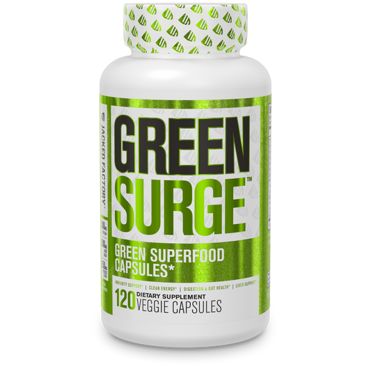 Jacked Factory's Green Surge Capsules (120 veggie capsules) in a while bottle with bright green label
