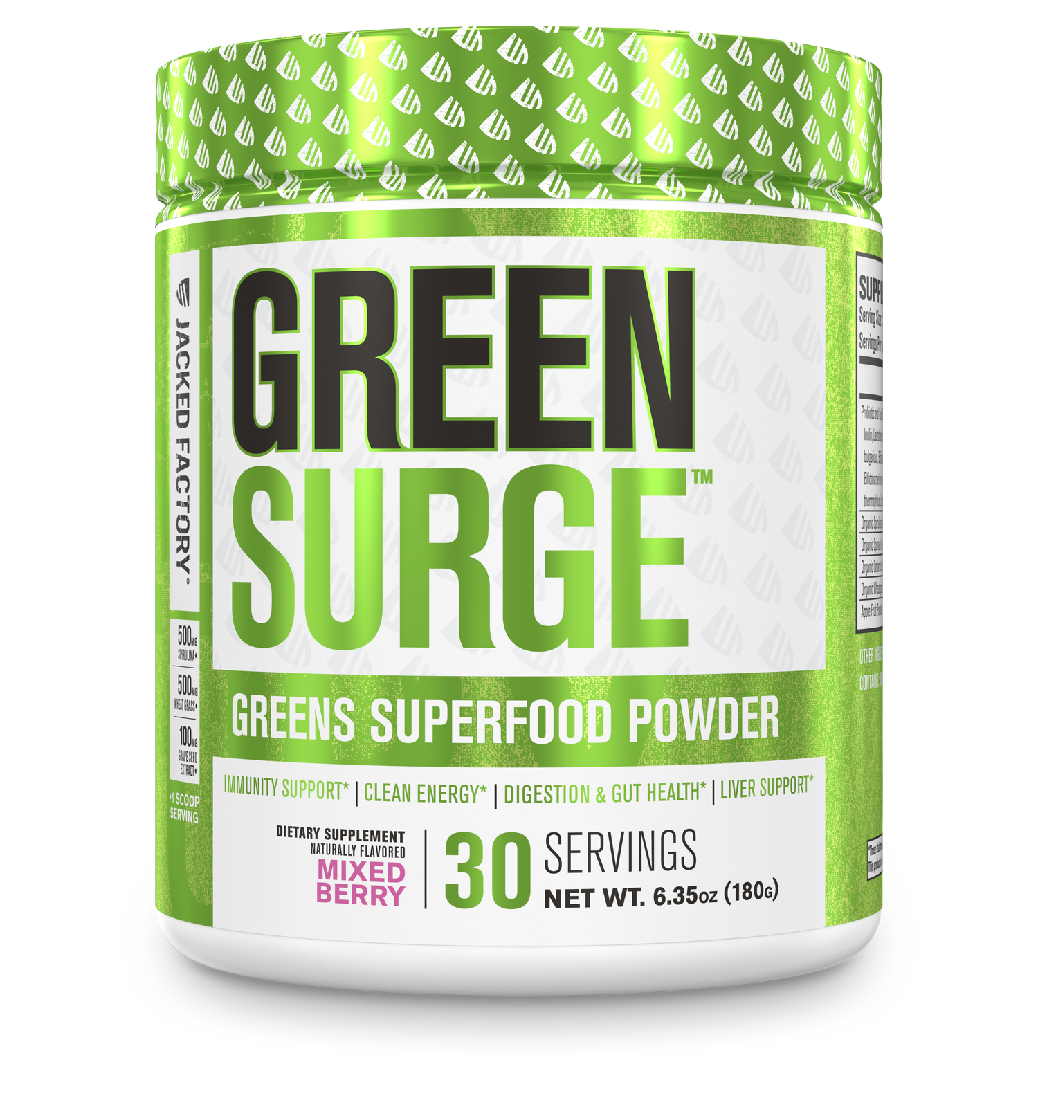 Jacked Factory's Mixed Berry Green Surge powder (30 servings) in a white bottle with bright green label