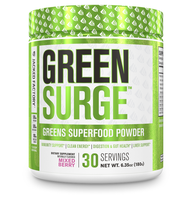 Jacked Factory's Mixed Berry Green Surge powder (30 servings) in a white bottle with bright green label