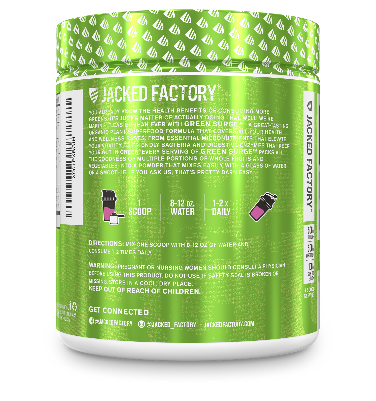 Side of Jacked Factory's Green Surge powder (30 servings) in a white bottle with bright green label showing product description