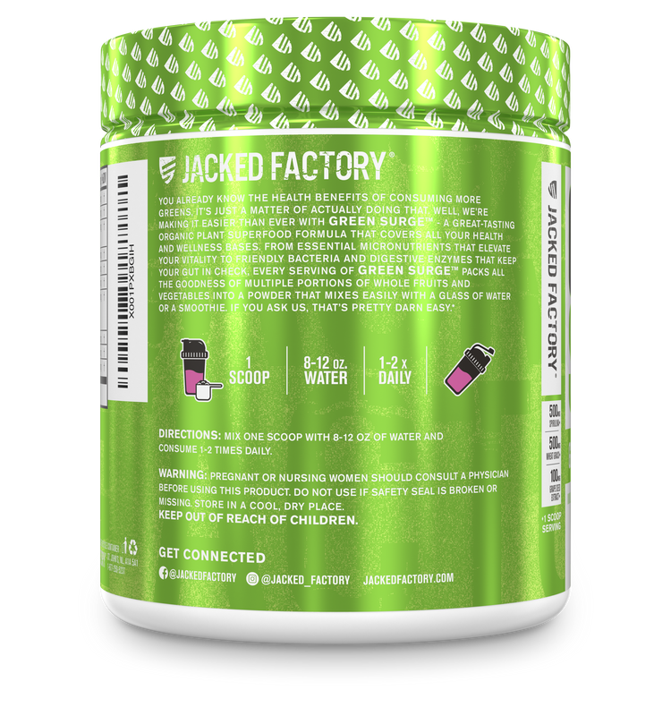 Side of Jacked Factory's Green Surge powder (30 servings) in a white bottle with bright green label showing product description