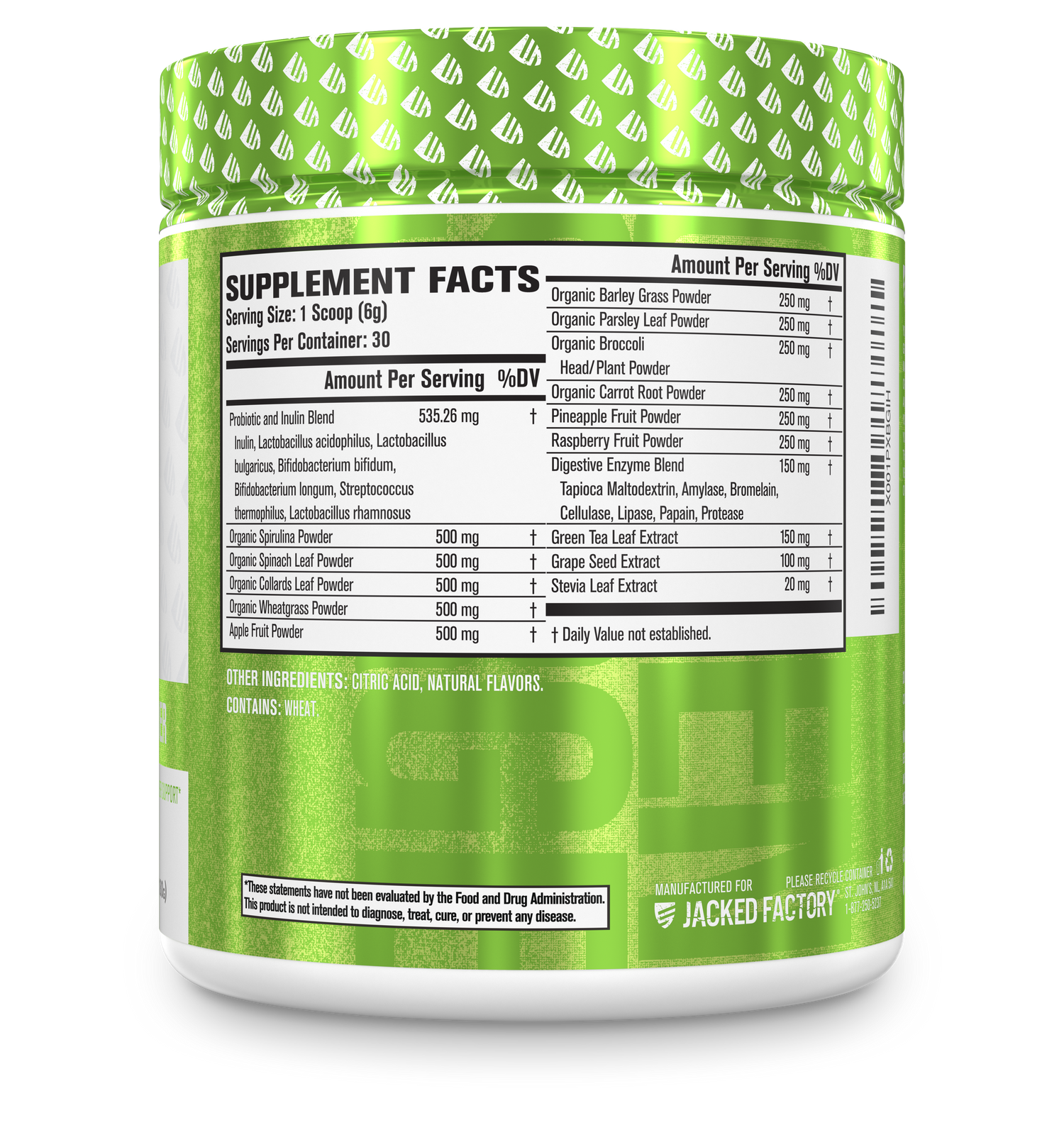 Side of Jacked Factory's Mixed Berry Green Surge (30 servings) in a white bottle with bright green label showing nutritional information