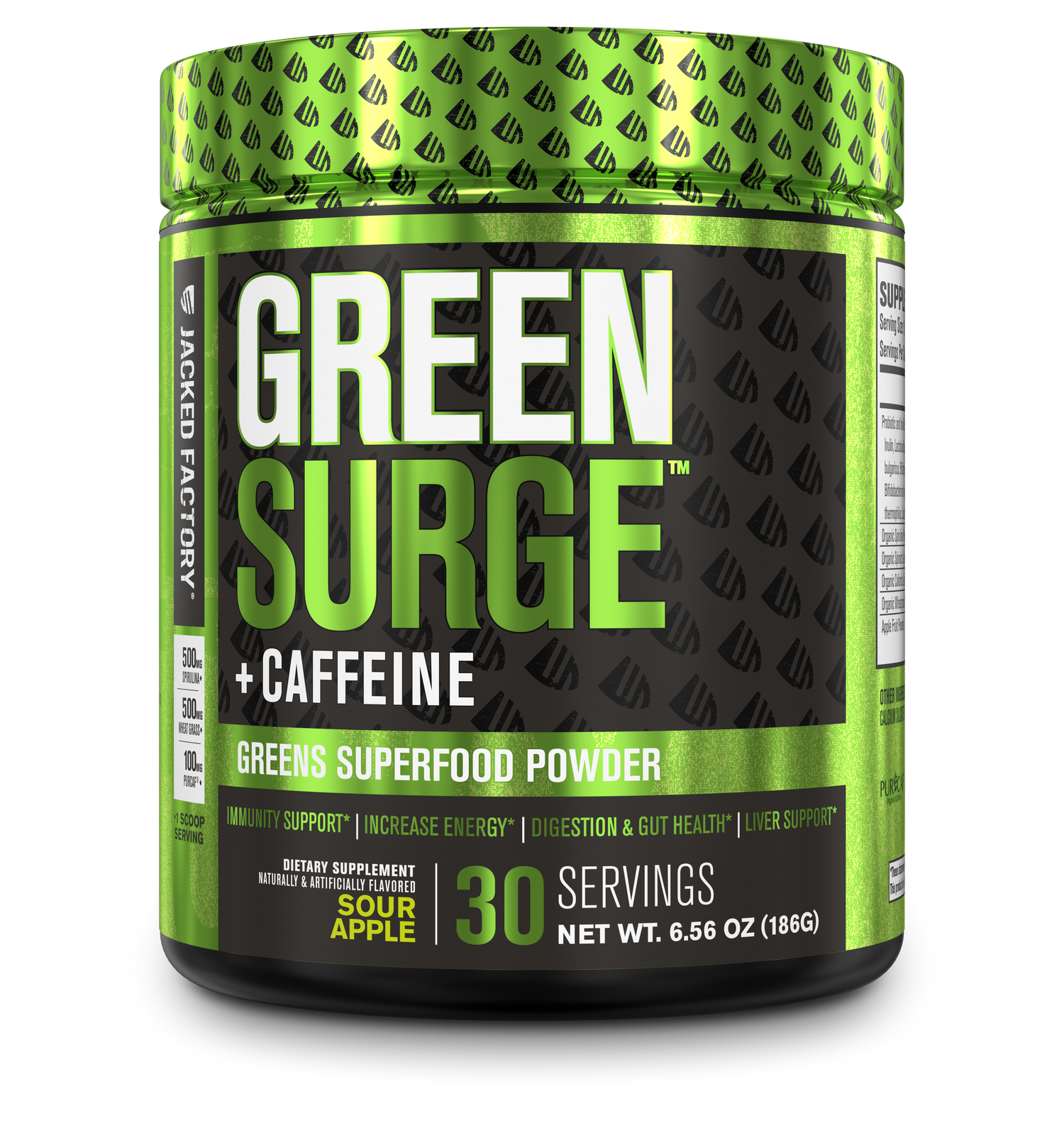 Jacked Factory's Sour Apple Green Surge + Caffeine powder (30 servings) in a black bottle with green label