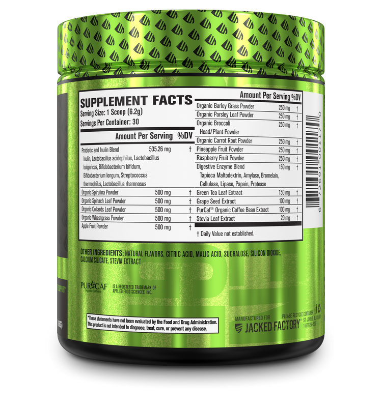 Side of Jacked Factory's Sour Apple Green Surge + Caffeine powder (30 servings) in a black bottle with green label showing nutritional description
