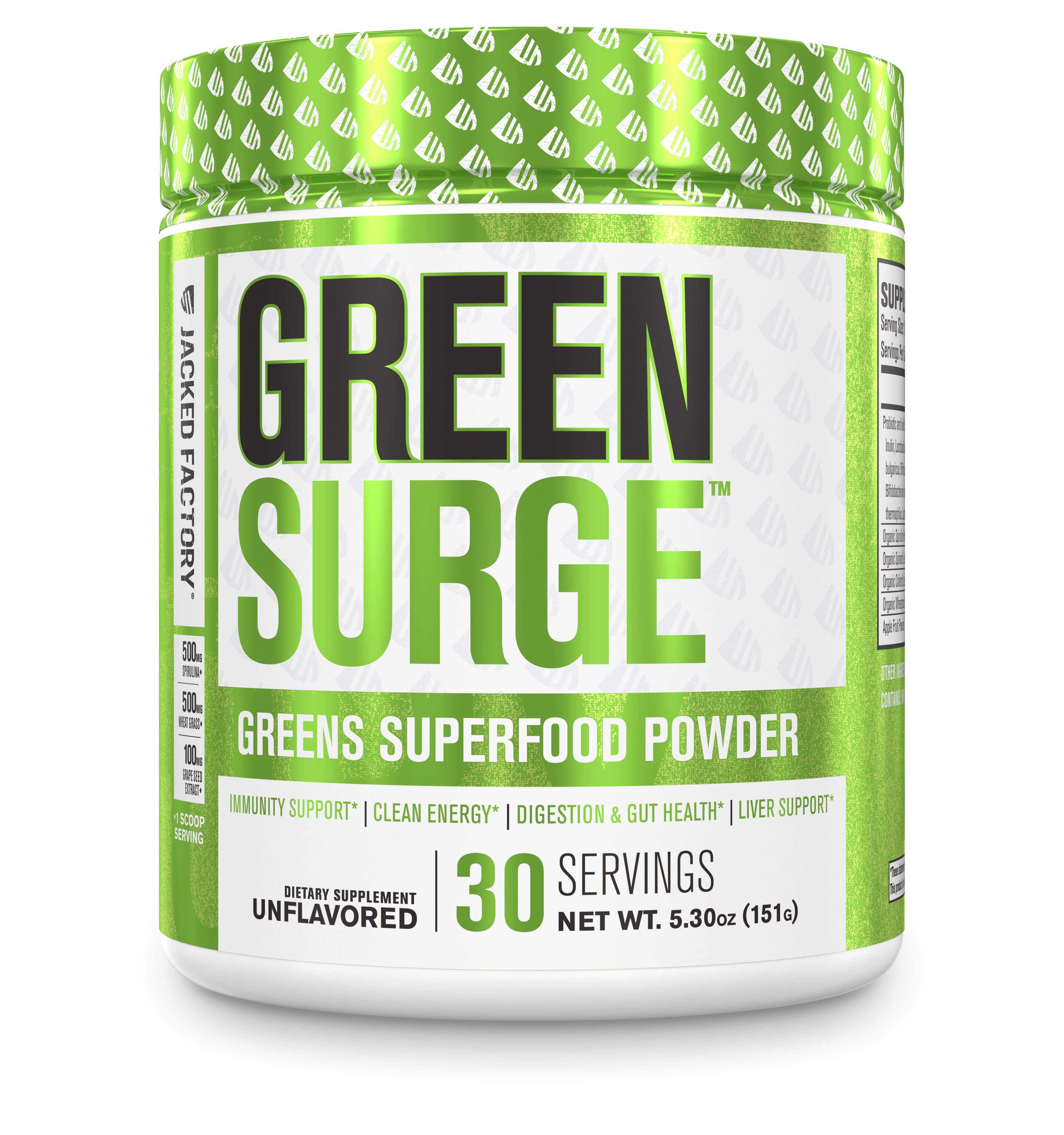 Jacked Factory's unflavored Green Surge powder (30 servings) in a white bottle with bright green label