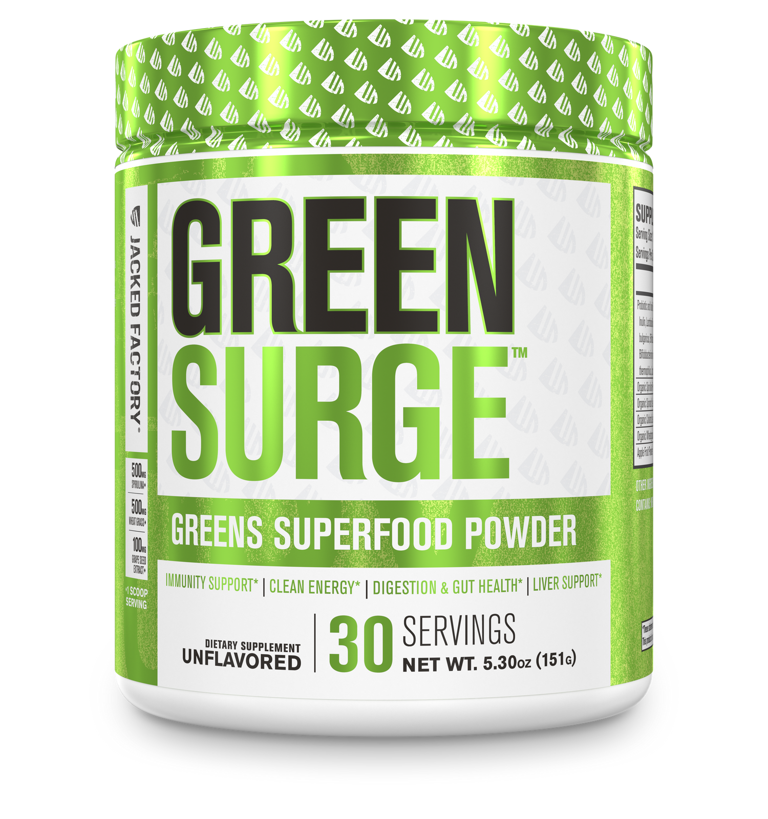 Jacked Factory's unflavored Green Surge powder (30 servings) in a white bottle with bright green label