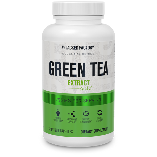 Jacked Factory's Green Tea Extract (120 capsules) in a white bottle with metallic green label
