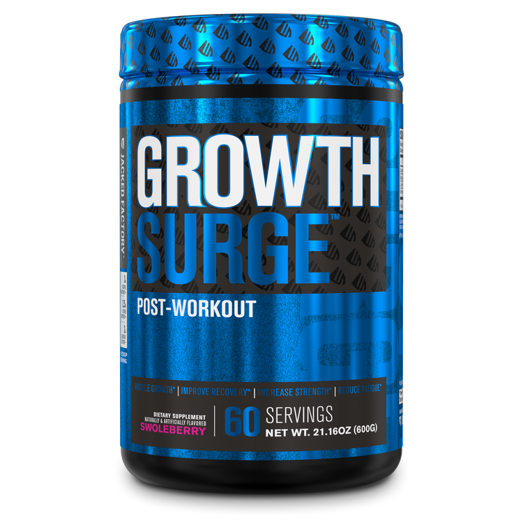 Jacked Factory Growth Surge Swoleberry (60 servings), in a black tub with a black and blue label and black and blue lid.