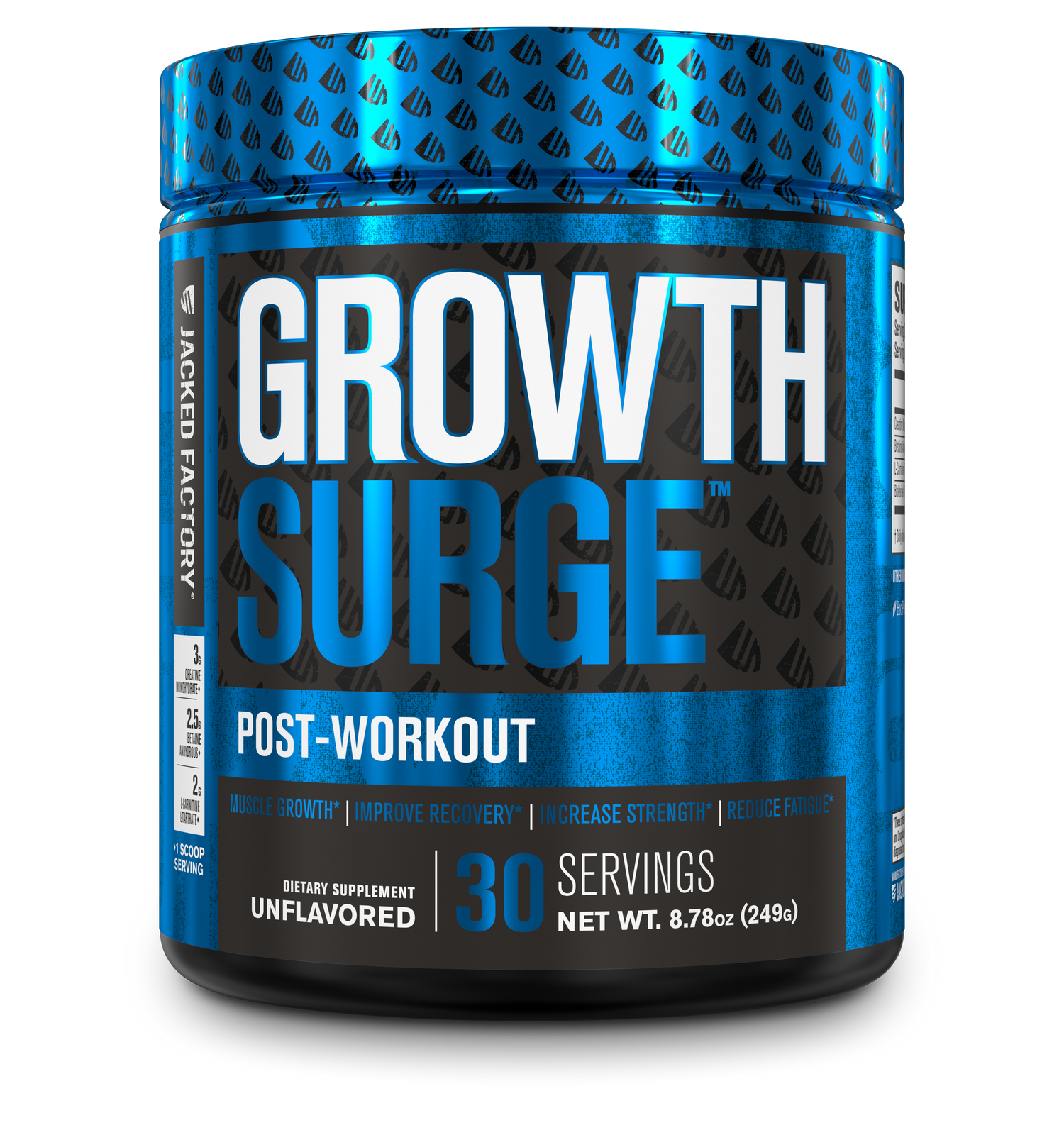 Jacked Factory's unflavoured Growth Surge (30 servings) in a black bottle with blue label