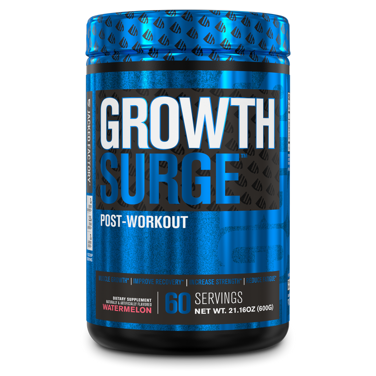 Jacked Factory Growth Surge Watermelon (60 servings), in a black tub with a black and blue label and black and blue lid.