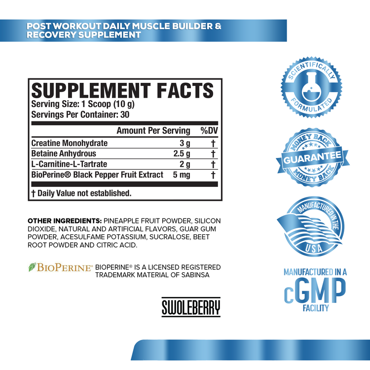 White nutrition label with black and blue text for Jacked Factory's Growth Surge (30 servings)