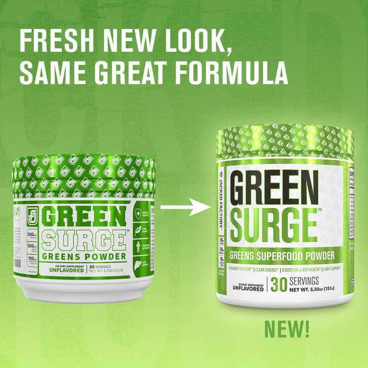 Comparing old Green Surge Unflavored (30 servings) label to new Jacked Factory Green Surge Unflavored (30 servings) label with the text "FRESH NEW LOOK, SAME GREAT FORMULA". 