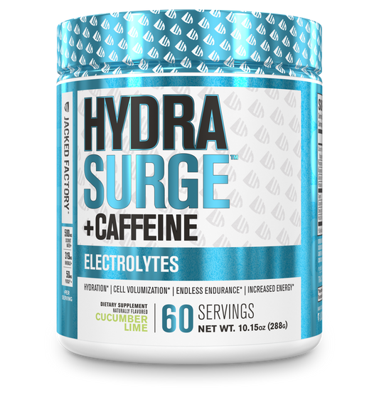 Jacked Factory's Cucumber Lime Hydrasurge + Caffeine powder (60 servings) in a white bottle with a blue and black label