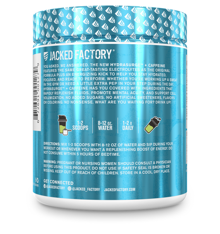 Side of Jacked Factory's Cucumber Lime Hydrasurge + Caffeine powder (60 servings) in a white bottle with a blue and black label showing product information 