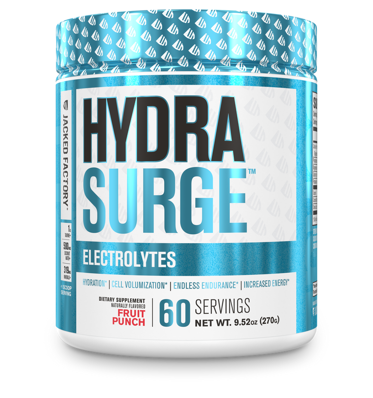 Jacked Factory's Fruit Punch Hydrasurge electrolytes powder (60 servings) in a white bottle with light blue label