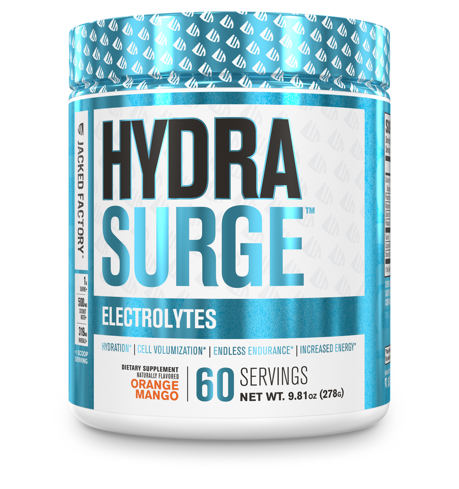 Jacked Factory's Orange Mango Hydrasurge electrolytes powder (60 servings) in a white bottle with light blue label