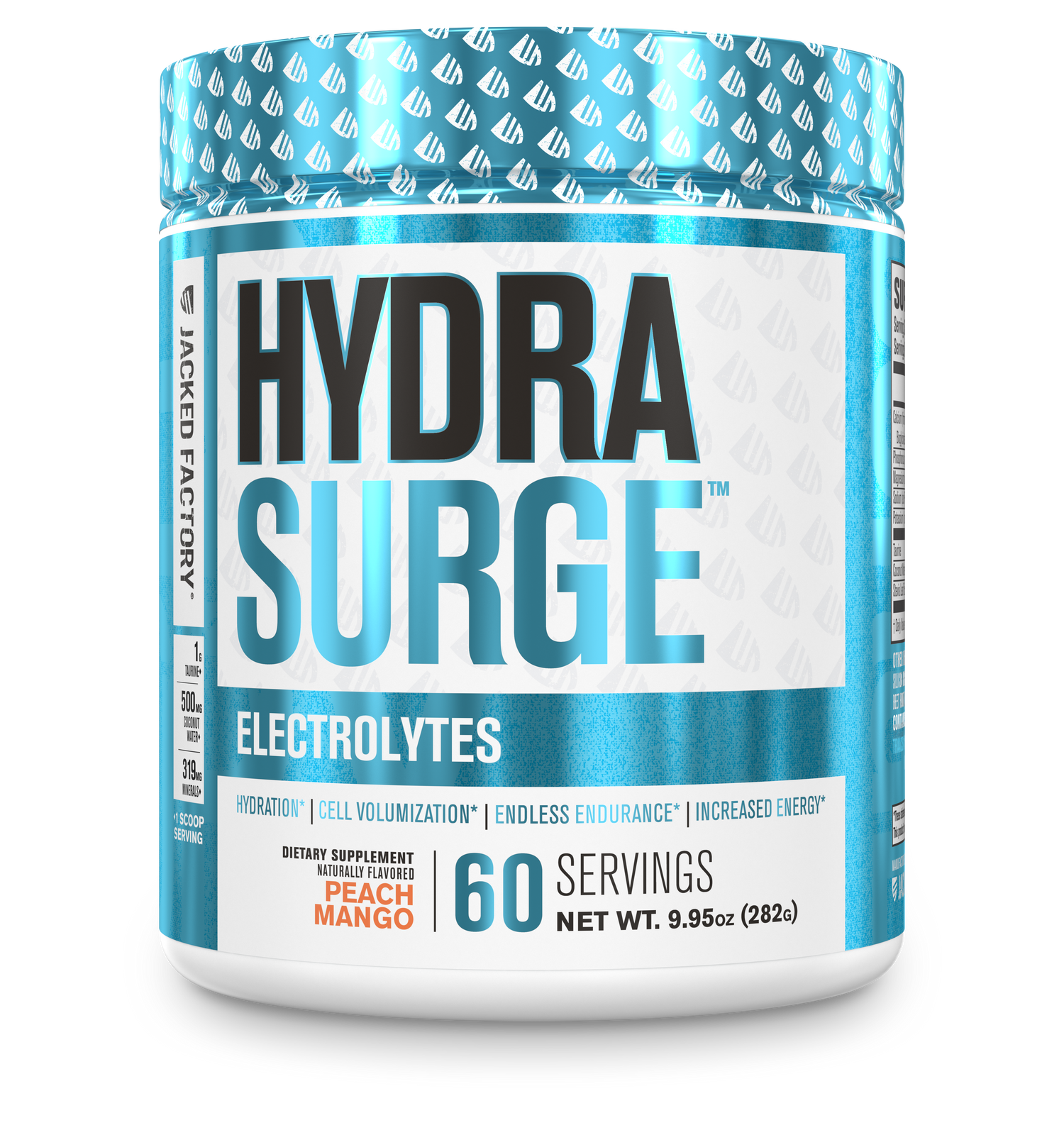 Jacked Factory's Peach Mango Hydrasurge electrolytes powder (60 servings) in a white bottle with light blue label